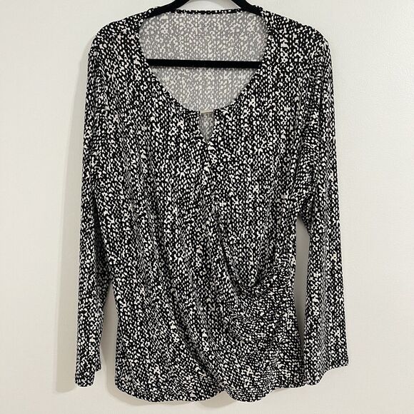 Talbots Woman Wrap Blouse Size 2X Black White Long Sleeve Stretchy Business Top - Picture 1 of 7